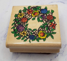 Spring Floral Sunflower Wreath Sky Kids Wood Mounted Rubber Stamp