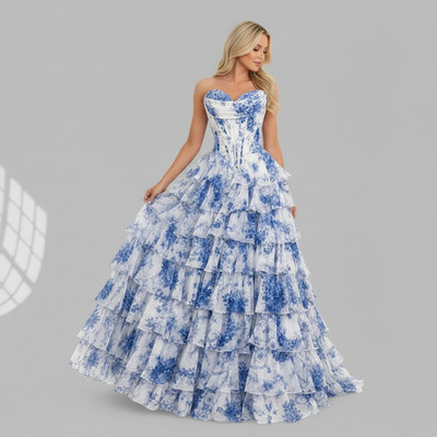 LoveaParis Luxus Blau Blumen Korsett Ballkleid Stufen Rüschen Abschlussball Hochzeit