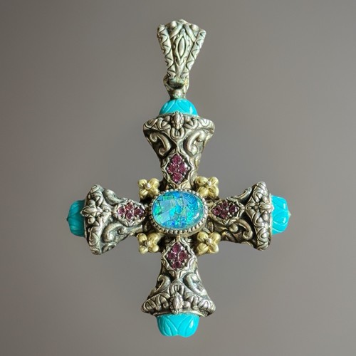 BARBARA BIXBY KREUZ OPAL TÜRKIS GRANAT BLUMENVERSTÄRKER ANHÄNGER 925 / 18K