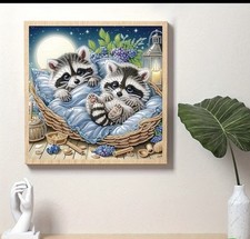 Diamond Art Kit BABY RACCOONS Partial Drill Specialty Gems Adorable 