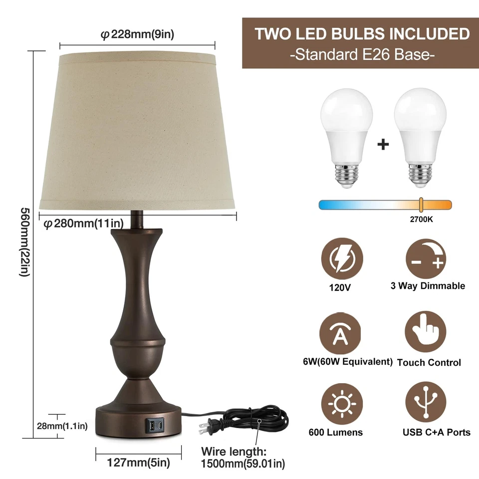 Juego de 2 Lámparas de Mesa 22" - Lámpara de Mesita de Noche Marrón Vintage con Pantalla de Tela Beige... Foto 2 de 4