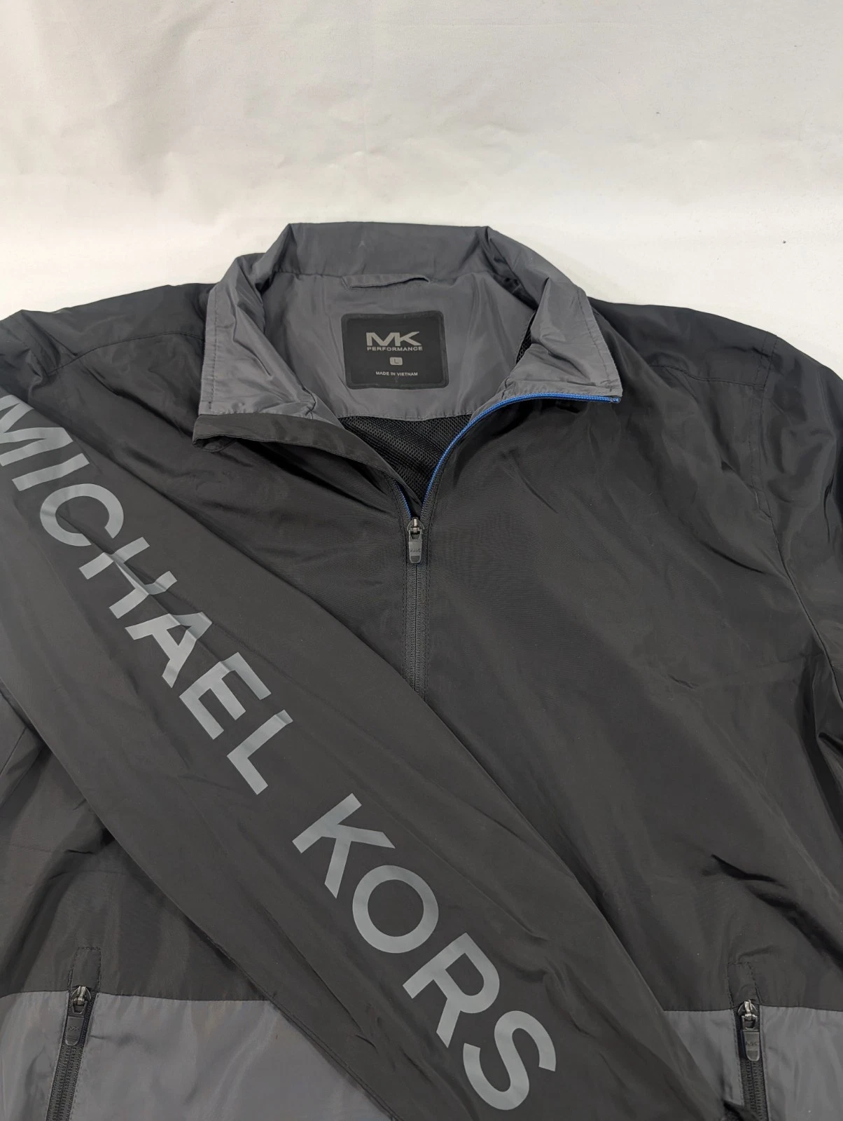 Michael Kors Performance Zip Up Jacket Black Gray Color Block Spell Out Large
