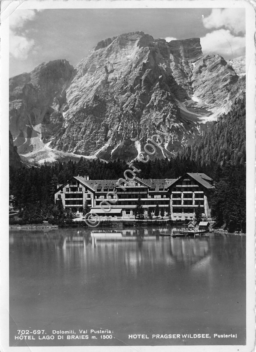 Cartolina Dolomiti Val Pusteria Hotel Lago di Braies 1947 (Bolzano)