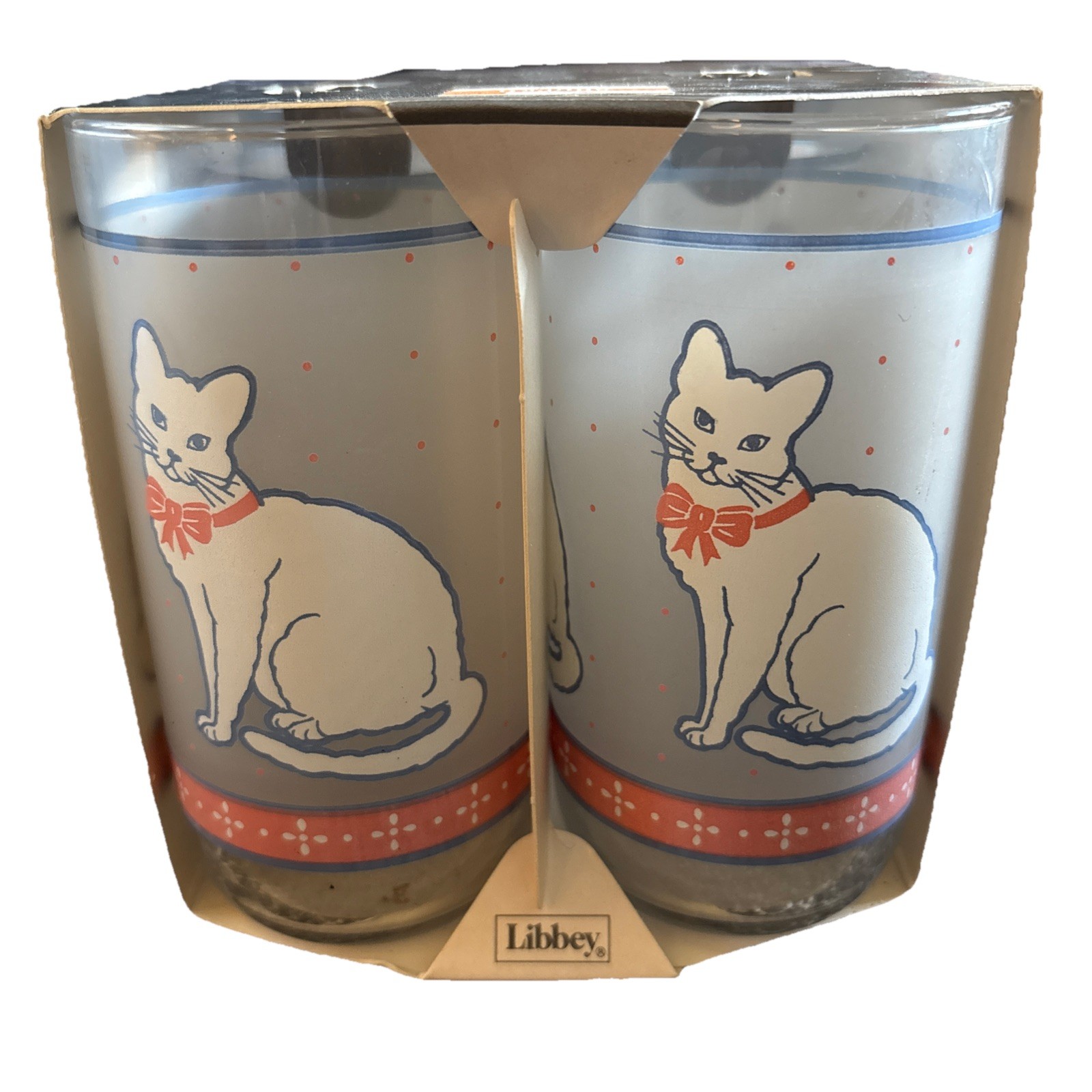 Vintage Libbey Set Of 4 Cat Drinking Glasses 13oz White Frosted W/Dots Blue Pink