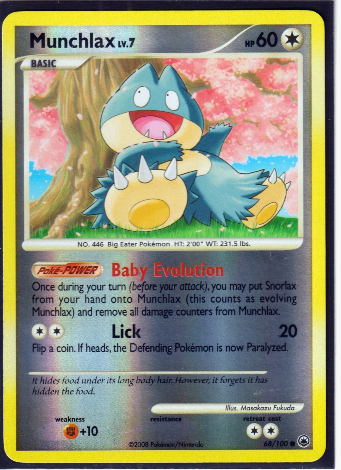 2008 POKEMON MUNCHLAX 68/100 MAJESTIC DAWN -REVERSE HOLO- NM