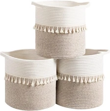 Woven cotton basket for storage with sturdy handles and stylish tassels
