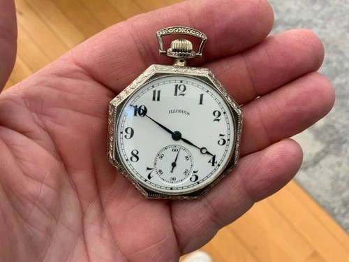 Antique Scarce 1916 ILLINOIS 12s 11j grade 401 Art Deco Pocket Watch 14k GF RUNS