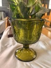 Green Indiana Glass 'Harvest' Pattern Compote With Grape Leaf Motive Avocado — photo 2