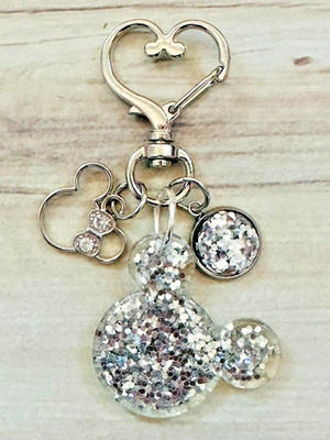 Silver Glitter Mickey Minnie Bow Heart Swivel Key Chain Backpack Tag Purse Charm