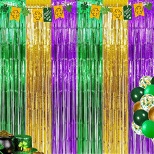 3 Pack Mardi Gras Foil Fringe Curtains 3.2Ft X 8.2Ft Green Purple Gold Fringe Cu