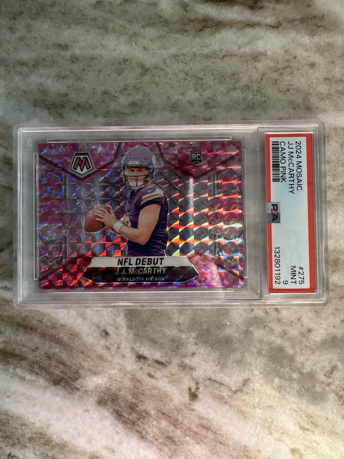 2024 Panini Mosaic NFL Debut Pink Camo Prizm JJ McCarthy PSA 9 MT Rookie RC
