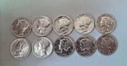 Lot of ten (10) 90% Silver Uncirculated Mercury Dimes 1939-1945