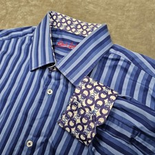 Robert Graham Shirt Mens XL Blue Stripe Long Sleeve Flip Cuff Contrast Trim