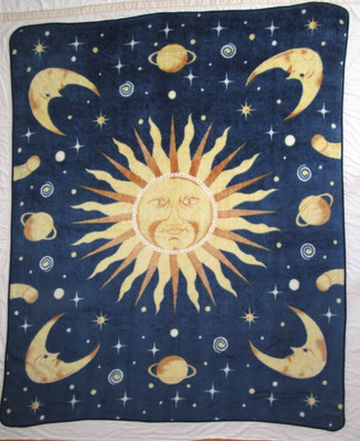 RARE Vtg Celestial Sun Moon Space Stars Plush Blanket Throw Whimsigoth 90.5''x74''