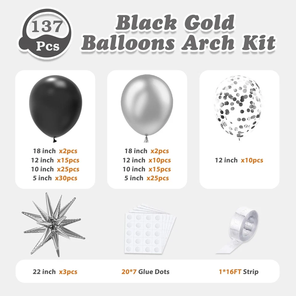 Kit de arco de guirnalda de globos negros y plateados 137 piezas con estrellas - 5 10 12 18 pulgadas B Foto 3 de 4