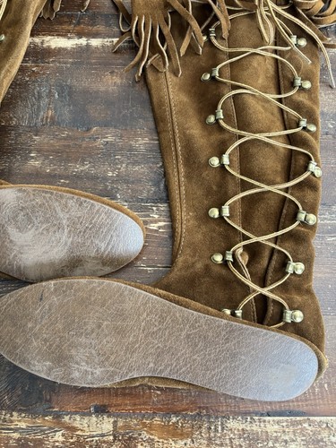 VTG Minnetonka Fringe Knee Tall Boot Moccasins Leather Brown Women's Size 8 - Picture 9 of 10