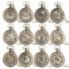 Bronze Zodiac Steampunk Pocket Watch Twelve Constellations with Necklace Chain