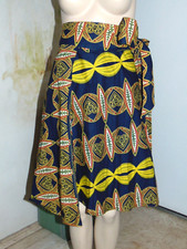 African Batik Art Navy Blue Yellow Native Wrap Around Boho Full Skirt Geometric