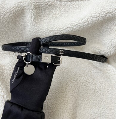 Auth Chanel Black Quilted CC Logo Dog Collar Leash Set Size