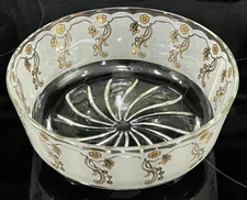 Vintage MCM DeValbor Italy Frosted Serving Bowl with Gold Trim Floral Pattern 8"