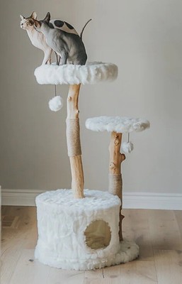 MAU Pet Modern Cat Tree Double Trunk w/ House White