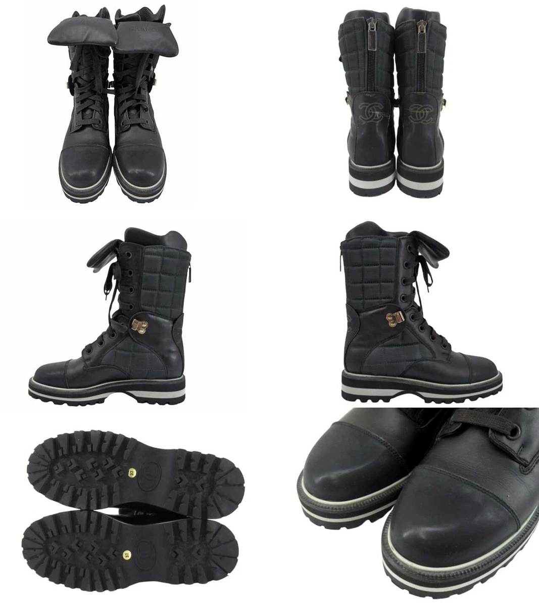 CHANEL Sports line Snow Boots 37 Black X Dark green Auth Women