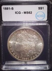 1881-S Morgan Silver Dollar, MS 62 ICG. Cart Wheels, Subtle  Toning, Issue Free