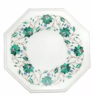 12'' White Marble Malachite Stone Inlay Coffee Table Top Semi Precious Stone Deco