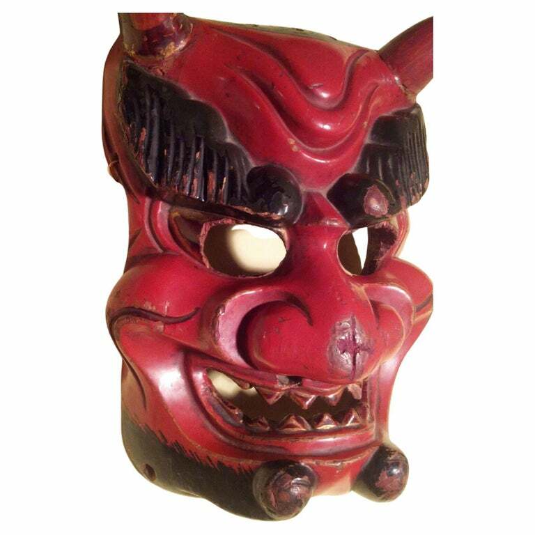 Antique, DANCED, Japan/Japanese Wooden Ao-Oni Mask used in annual
