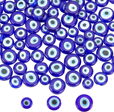 119 Pcs 3 Sizes Flat Evil Eye Beads, Handmade Lampwork Beads Spacer Blue Evil Ey