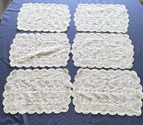 Vintage Eyelet Placemats Cutwork Embroidery Ivory 18" Set of 6