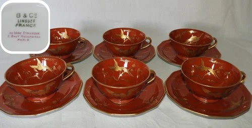 Bernardaud Limoges Au vase Etrusque (ca 1930) x6 cups & saucers Coral & GOLD