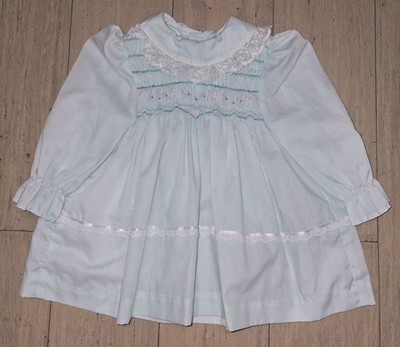 Vtg Polly Flinders Smocked Dress Mint Green Pink Flowers Lace 18 Mo Long Sleeve 