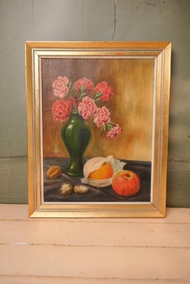 Vintage Blumenstillleben Ölgemälde | Gerahmtes Obst Wandbild | Küche Deko