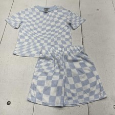 Saint Eve Kids Pajama Set Youth 7/8 Blue White Checkered Thermal Top Shorts