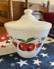 Fire King Grease Jar Bowl Milk Glass Apple Cherries FireKing Oven Ware US Vtg