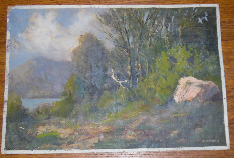 Small 8 7/8" Old Landscape Oil Painting On Canvas American Artist Ira I.J. Deen