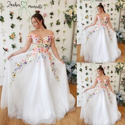 ebay beach wedding dresses 3D Flowers Wedding Dresses Off Shoulder White A Line Beach Floral Bridal  Gowns