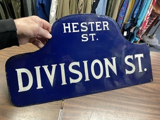 DIVISION / HESTER Porcelain Humpback Street Sign NYC Vintage Authentic Original