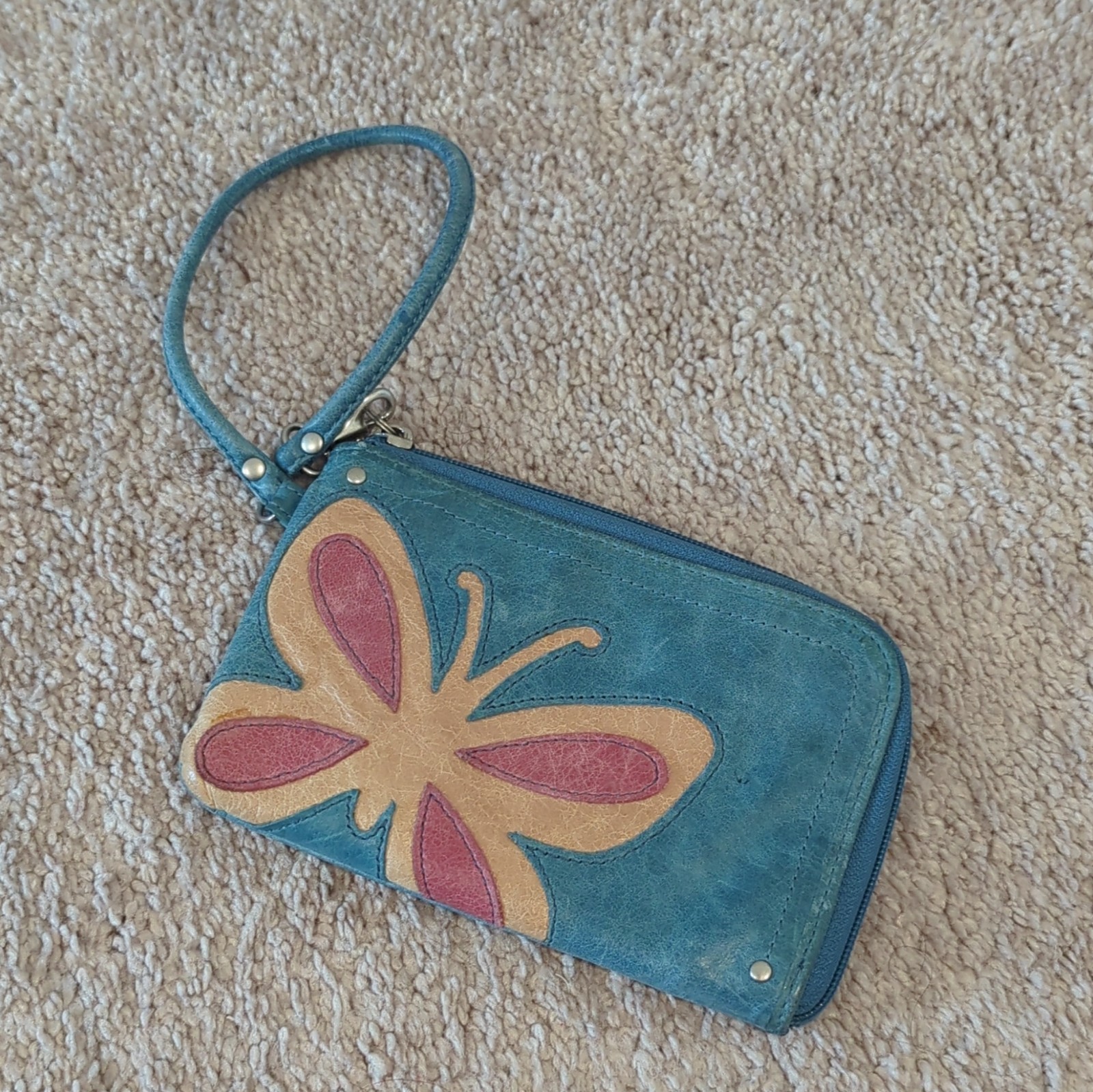 Fossil Women's Blue Zip Wristlet Wallet Butterfly Theme, Card Slots, Strap