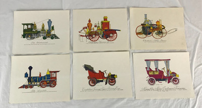 6 vintage Evelyn Curro Carriages Vehicles Trains Locomotives Prints 8.25'' x 10''
