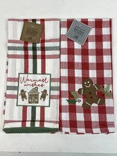 Design Imports DII Gingerbread Man Warmest Wishes Red Plaid Dishtowel Set 2