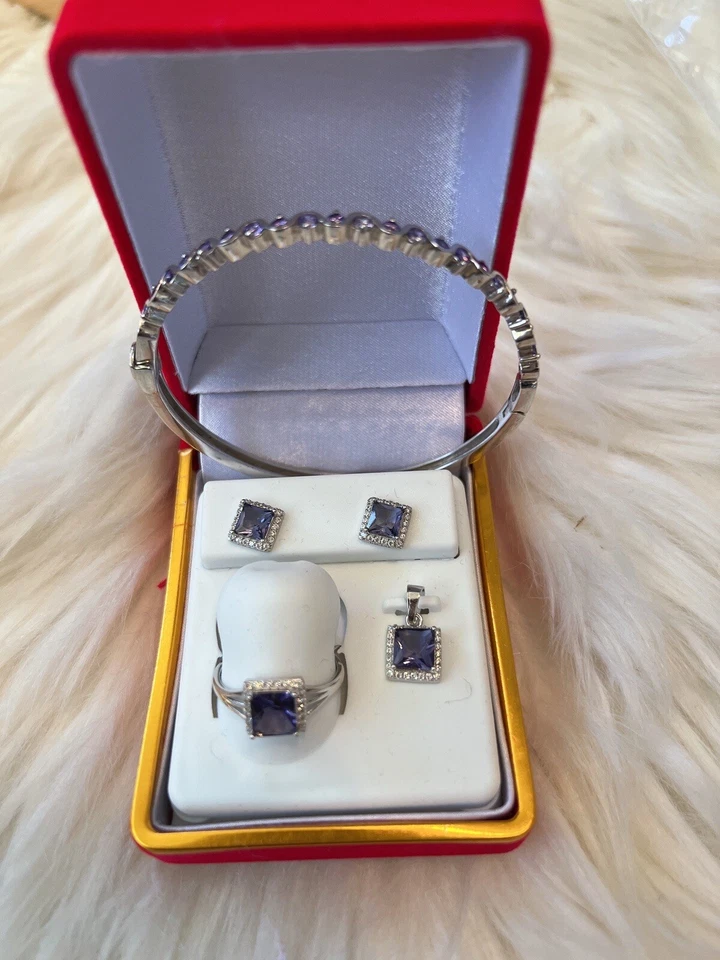 Juego de joyas de plata de ley 925 para mujer - ¡chapado en oro blanco con amatistas! Foto 4 de 4