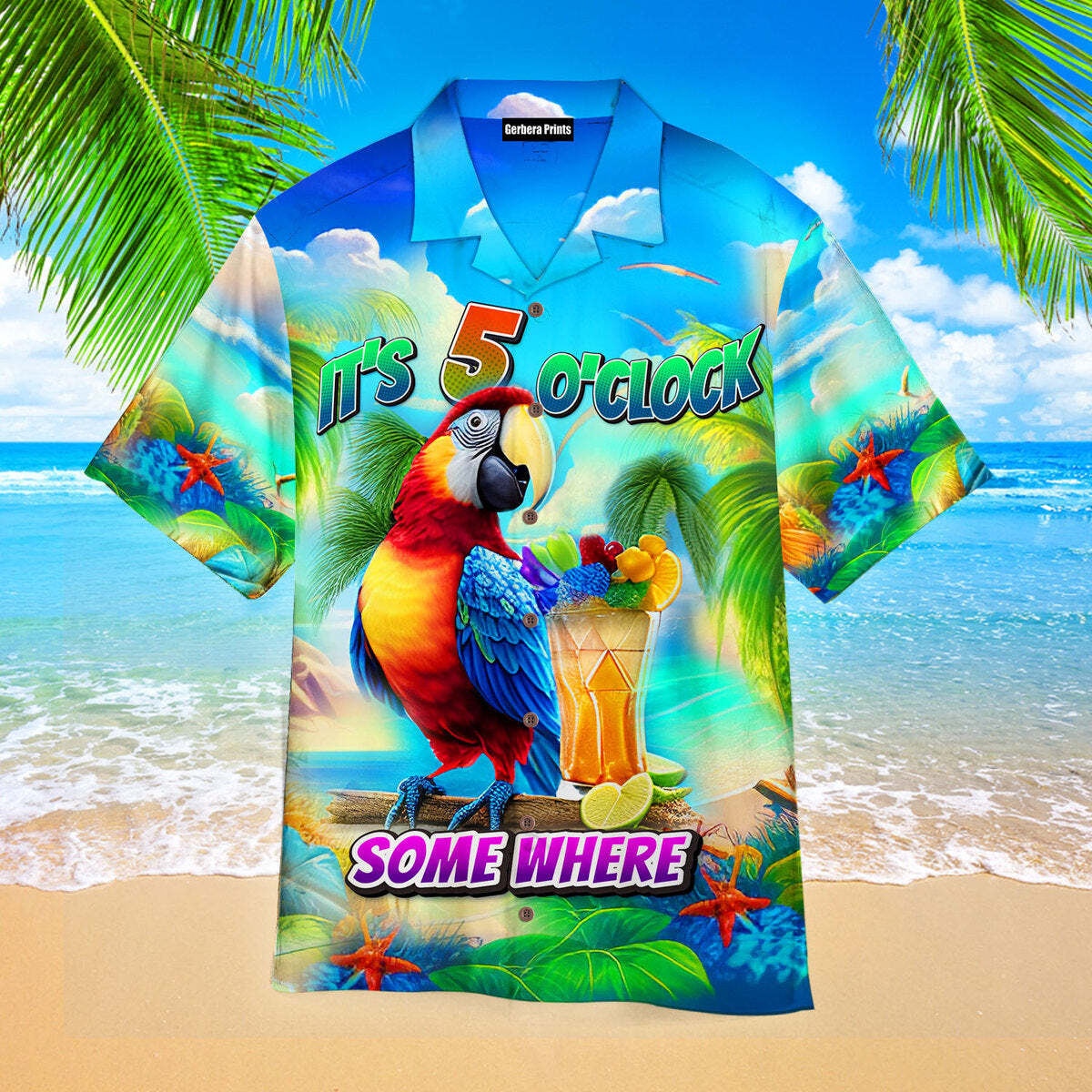 Its Five OClock Somewhere Tropical Parrot Aloha Hawaiian Shirts for Men and Women, Vibrant Summer Beach Party Wear