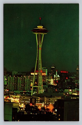 Postcard WA Space Needle at Night Scene Permanent Feature Washington Vintage UNP