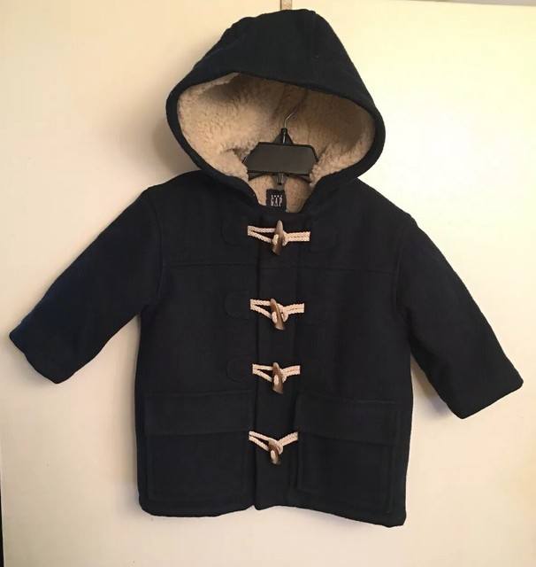 BABY GAP Boys Wool Hooded Winter Navy Blue Toggle Coat Sherpa Lined Sz