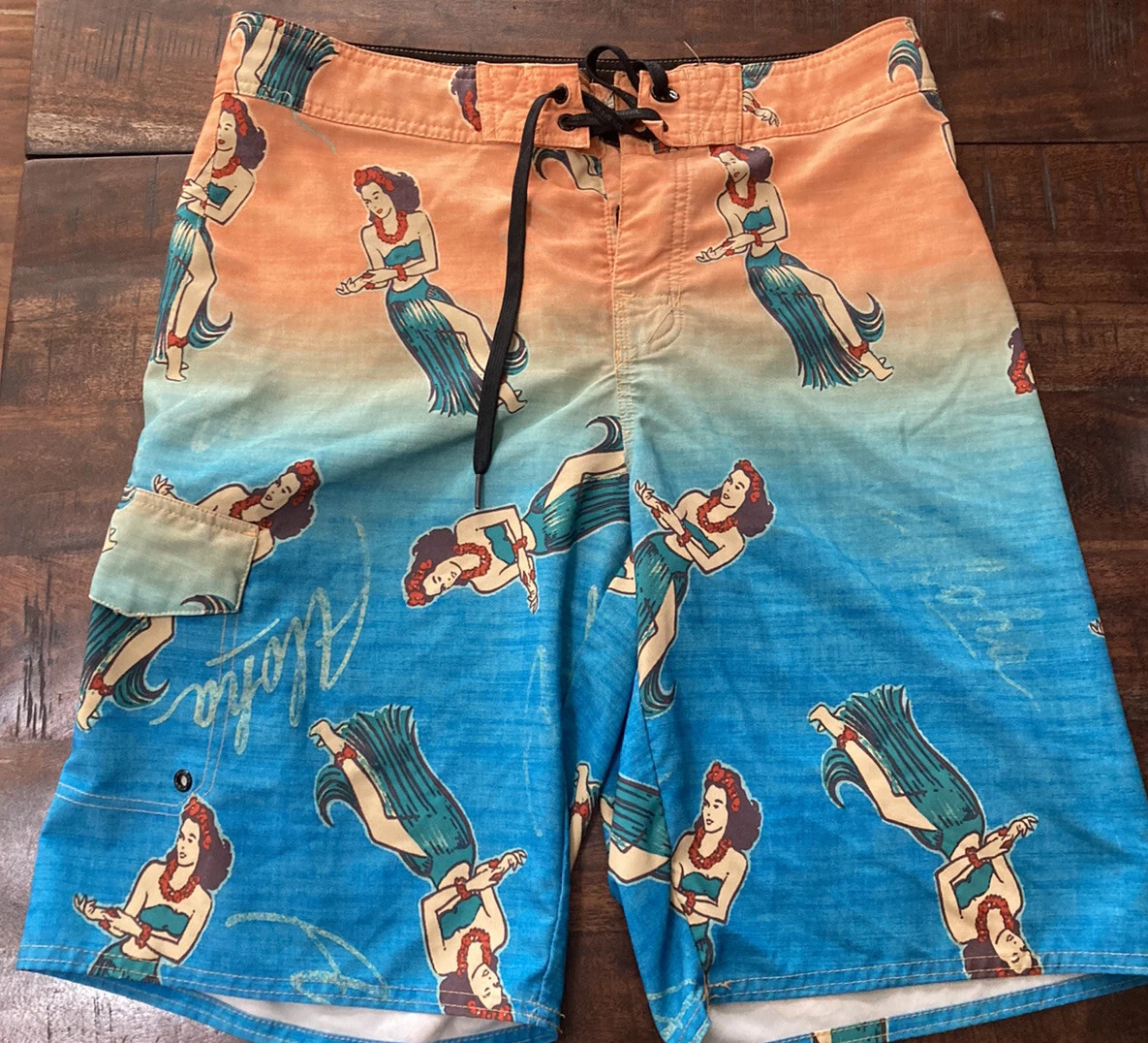 Vintage 90s Hang Ten Hula Girl Aloha All Over Print Swim Shorts