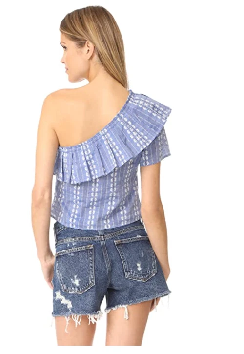 Nuevo con etiquetas Espléndido Top Para Mujer Un Hombro Cambray Talla Pequeña Azul Floral $140 K140 Foto 3 de 4