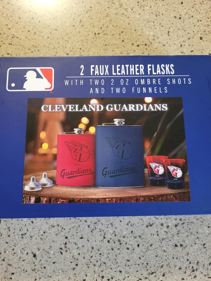 MLB Cleveland Guardians 2 Faux Leather Flasks 2 Ombre Shot Glasses And 2 Funnels - Image 3 of 4
