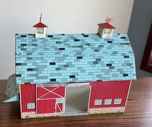 Vtg Ohio Art Rolling Acres Farm Metal Tin Litho Farm Hay Barn Animals &People